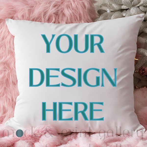 White Pillow Mockup PNG, Styled Square Throw Pillow Mockup with Pink Decor, Accent Pillow Mockup, Instant Download Digital file