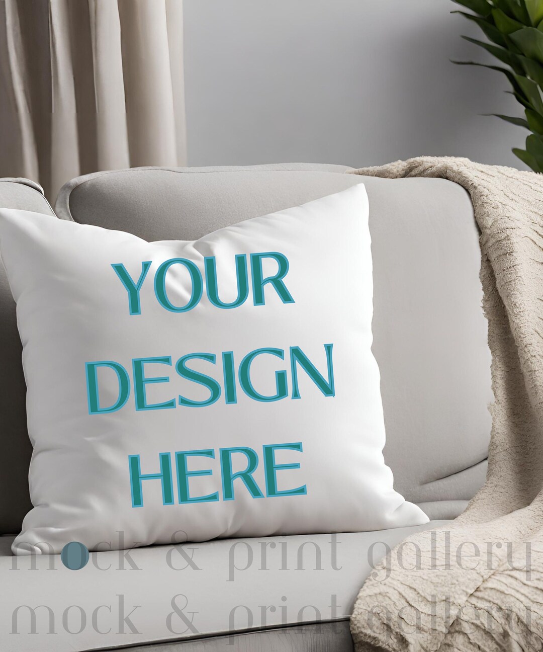 White Pillow on Sofa Mockup PNG, Styled Square Throw Pillow Mockup, Living Room Accent Pillow