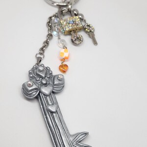 Purse charm bag charm Hand sculpted clay Key rhinestone encrusted lock and key with iridescent glass bead accents keychain