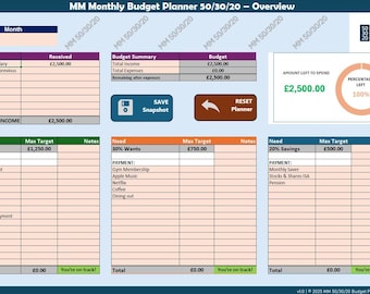 50/30/20 Budget Spreadsheet for Excel – Monthly Budget Planner, Expense Tracker, Personal Finance Template