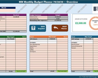 MM  70/20/10 Monthly Budget Planner – Excel Tool with Snapshot Tracking & Reset Automation