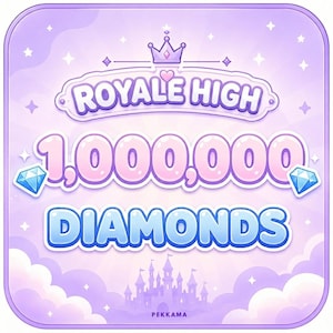 以下が含まれることがあります： 薄紫色の背景に「Royale High」、「1,000,000」、「Diamonds」という文字が書かれた正方形のグラフィック。王冠のアイコン、2つの青いダイヤモンドのイラスト、下部には城のシルエットと「Pekkama」という文字がデザインされています。