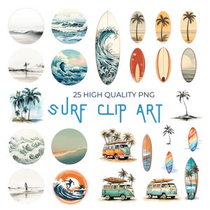 Surf Clipart PNG, Arte digital de tabla de surf, Minimalista 25 Surfer PNG, Descarga digital retro, Diseño de palmeras, playas y olas.