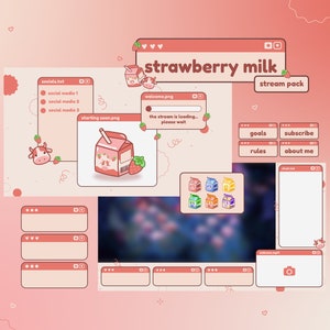 Strawberry Milk Stream Pack | Animated Scenes | Soft Pink Aesthetic | Overlays, Panels, Chatbox, Badges, Icons | OBS