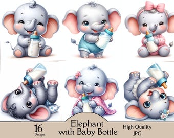 Baby elephant with baby bottle, 16 JPG images, baby elephant with milk bottle, nursery decor, cute animal, digital prints, digital, download