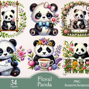Panda floral, 34 PNG cliparts florais, flores, flores, clipart, digital, download, panda com flores, panda primavera, flores de diário de lixo