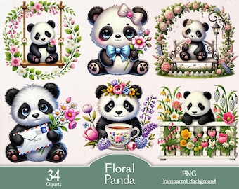 Floral panda, 34 PNG floral cliparts, flowers, blossoms, clipart, digital, download, panda with flowers, spring panda, junk journal flowers