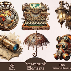 May include: A selection of steampunk-style clip art. Features a pocket watch with a world map, a typewriter, a wall lamp, a telescope on a map, an umbrella, and a gas mask. The text reads "Steampunk Elements".
