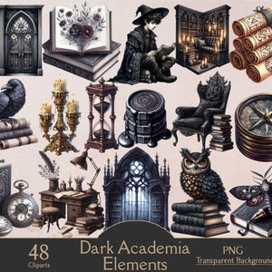 May include: A collection of 48 Dark Academia elements in PNG format with a transparent background. The image features illustrations of books, a raven, an owl, a compass, a desk, a chair, a bookshelf, and other gothic-themed objects.