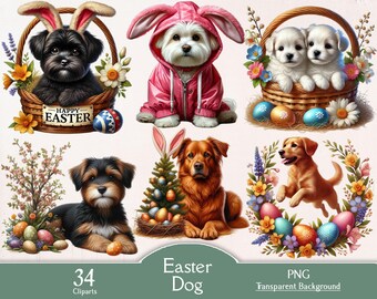 Easter dog, 34 PNG cliparts, Easter bundle, Easter clipart, watercolor, spring clipart, scrapbooking, Easter animals, floral clipart