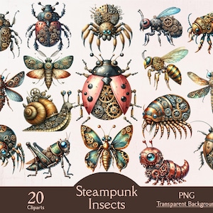 Insectes steampunk, 20 cliparts PNG, steampunk, insecte, imprimable, numérique, téléchargement, journal indésirable, scrapbooking, créations en papier, créations en papier