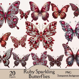 May include: A collection of twenty ruby-colored butterfly cliparts with sparkling details. The butterflies feature various designs, including jewel-like embellishments and gradient wings. The text "Ruby Sparkling Butterflies" and "PNG Transparent Background" are included.
