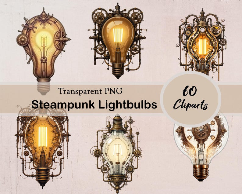 Steampunk Lightbulb Clipart, Junk Journal Clipart, 60 PNG Cliparts ...