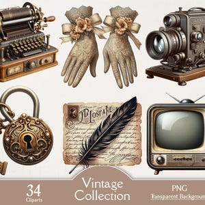 Può includere: Una collezione di clipart vintage con una macchina da scrivere, un proiettore, guanti, serratura e chiave, penna e una televisione. Le illustrazioni sono in stile antico con una tavolozza di colori seppia.