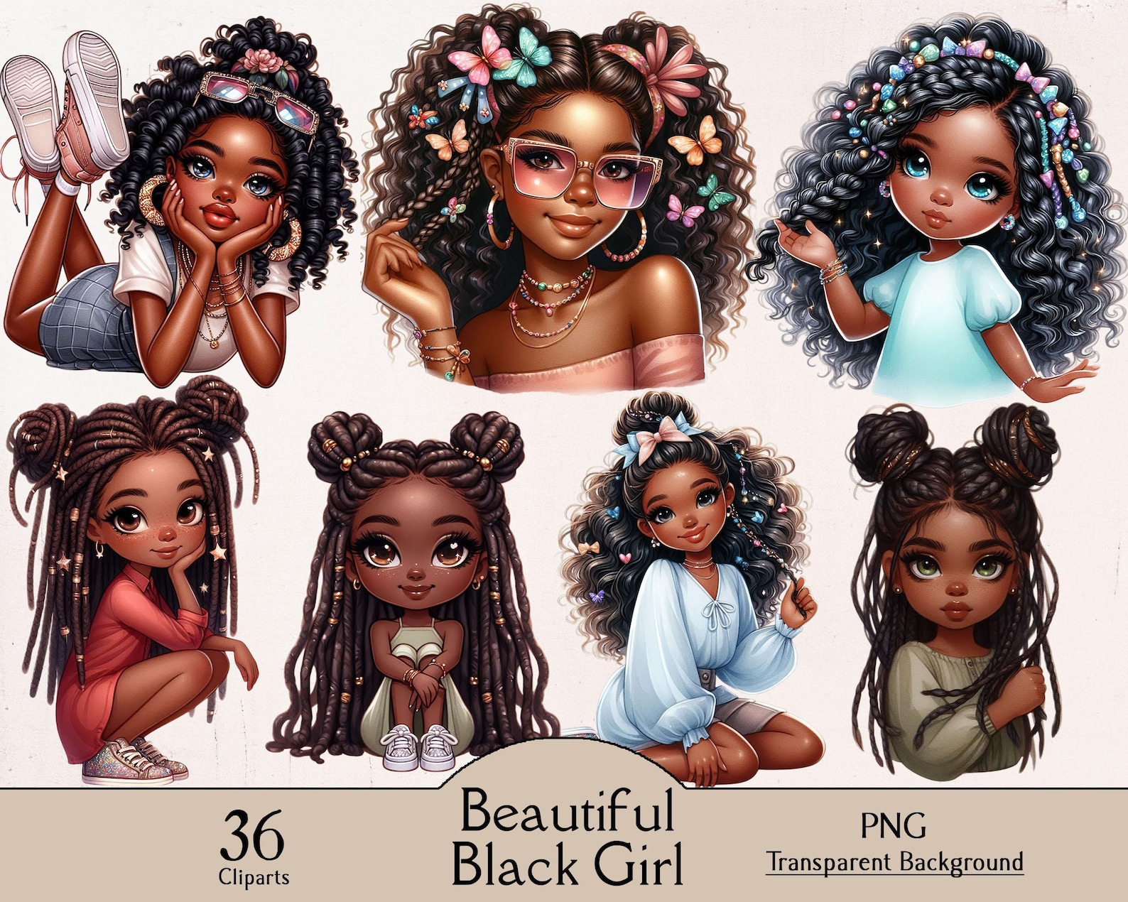 Watercolor Beautiful Black Girl Bundle, Black Beauty Clipart, 36 PNG ...