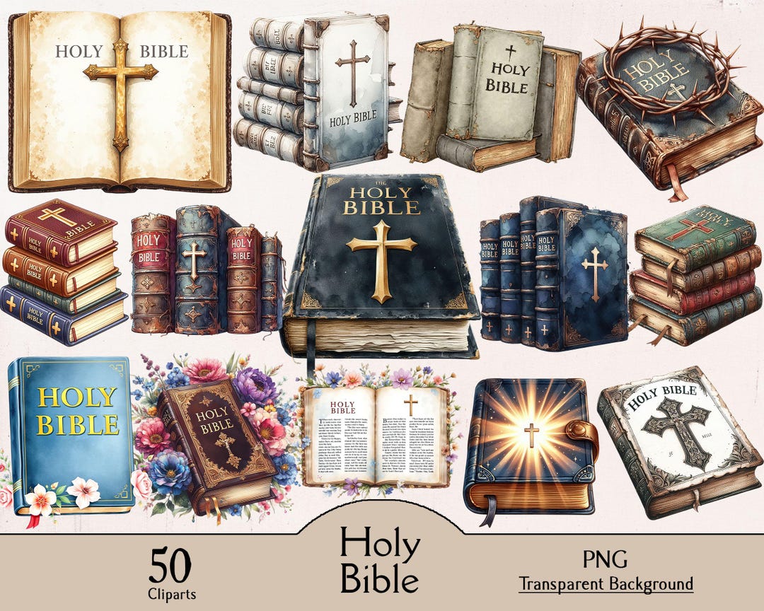 Watercolor Holy Bible Clipart, Old and New Testament, 50 PNG Cliparts ...