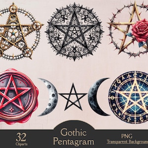 May include: Collection of gothic pentagram cliparts. Includes a steampunk star with gears, a black filigree star, a star with a rose and thorns, a red wax seal star, crescent moons, a black star, and a star with a celestial design.