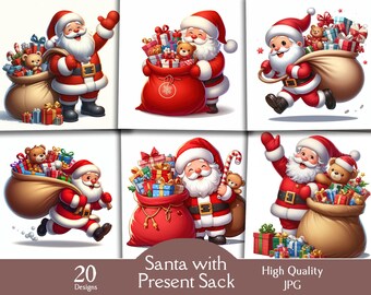 Santa with present sack 20 JPG images, clipart, digital. download, christmas, santa claus, present, gift,sack, presents, digital, sack
