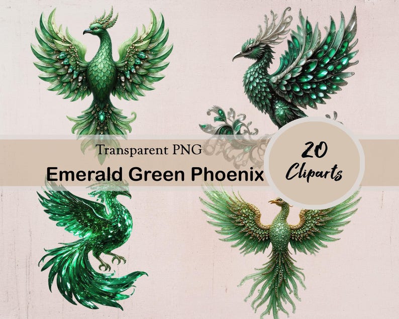 Emerald Green Sparkling Phoenix Clipart, Glitter Legendary Phoenix, 20 ...