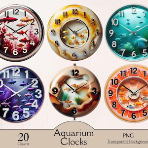May include: Six round clocks with different colored backgrounds and fish designs. The clocks have black hands and white numbers. The clocks are all set to 12:00. The text "Aquarium Clocks" is at the bottom of the image.