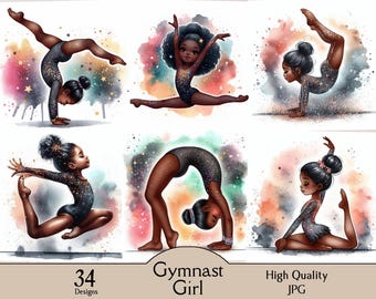 May include: A collection of watercolour illustrations depicting young gymnasts in dynamic poses, dressed in black leotards with glitter. The images are set against colourful, abstract backgrounds with stars. Text includes "Gymnast Girl", "34 Designs", and "High Quality JPG".