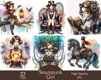 Watercolor steampunk girl, 32 JPG images, cute girl clipart, steampunk clipart, paper craft, fantasy printable, junk journal, fantasy art