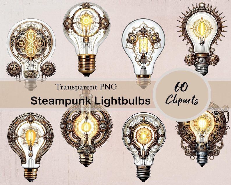Steampunk Lightbulb Clipart, Junk Journaling Bundle, 60 PNG Cliparts ...