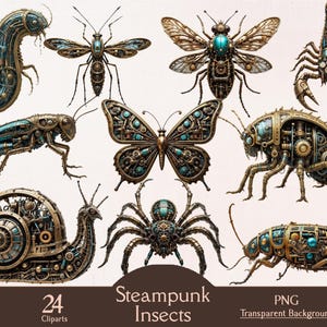 May include: A collection of steampunk insect clip art. The insects are designed with intricate mechanical details, featuring gears, pipes, and metallic accents in shades of gold, bronze, and teal. The image includes a butterfly, spider, and beetle. Text: Steampunk Insects, 24 Cliparts, PNG Transparent Background.