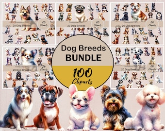 100 Dog Breeds, 100 PNG clipart, bundle, transparent, dogs, cute dogs, cute animals, puppy, scrapbooking, watercolor, printable