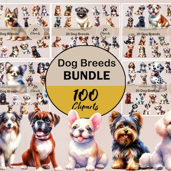 100 Dog Breeds, 100 PNG clipart, bundle, transparent, dogs, cute dogs, cute animals, puppy, scrapbooking, watercolor, printable