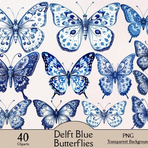 May include: A collection of 12 blue and white Delft-style butterfly cliparts with intricate patterns. The butterflies are in various poses and designs, with a transparent background. The text reads "40 Cliparts" and "Delft Blue Butterflies".