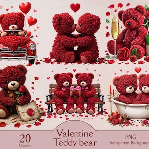 Osito de peluche de San Valentín, osito de peluche con flor rosa, 20 cliparts PNG, osito de peluche de San Valentín en acuarela, clipart de San Valentín, clipart de osito de peluche