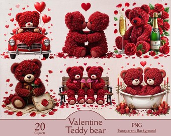 Valentine teddy bear, rose flower teddy bear, 20 PNG cliparts, watercolor valentines teddy bear, valentine clipart, teddy bear clipart