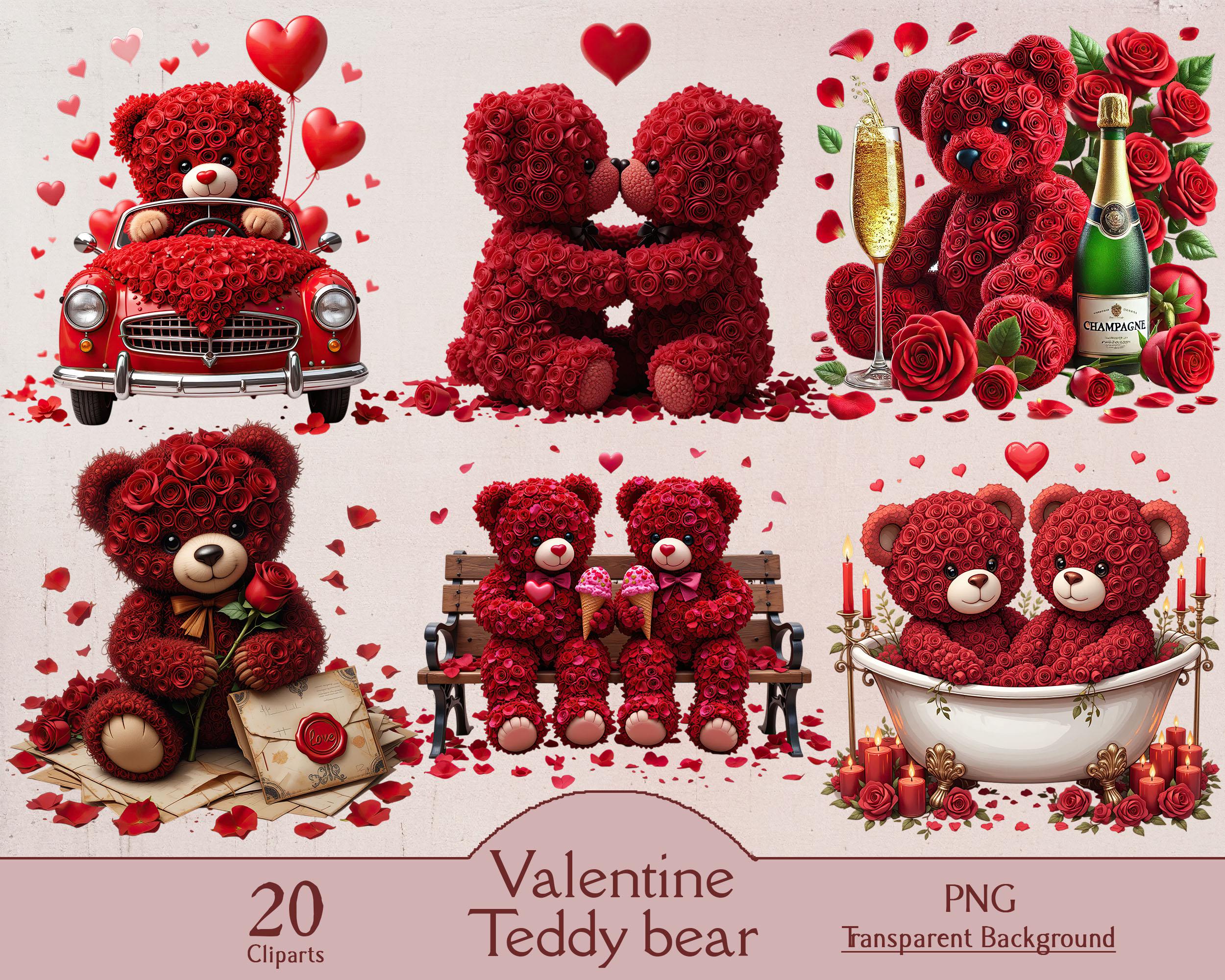 Valentine teddy bear, rose flower teddy bear, 20 PNG cliparts, watercolor valentines teddy bear, valentine clipart, teddy bear clipart