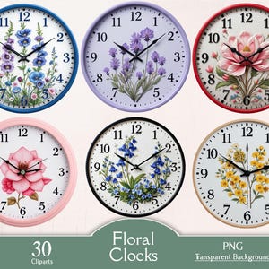 Puede incluir: Conjunto de seis imágenes de clip art de relojes florales con fondos transparentes. Cada reloj presenta un diseño floral diferente con un fondo blanco y agujas de reloj negras. Los diseños florales incluyen un ramo de flores azules, un ramo de flores moradas, una flor rosa, un ramo de campanillas azules, un ramo de flores amarillas y una flor rosa con hojas verdes.