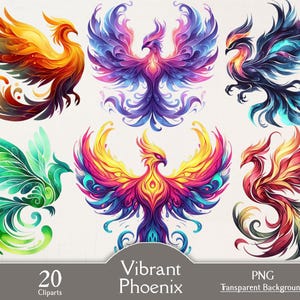 Könnte beinhalten: Sechs lebendige Phönix-Illustrationen in verschiedenen Farbschemata. Die Vögel weisen detaillierte Federdesigns in Orange-, Gelb-, Rot-, Lila-, Blau- und Grüntönen auf. Der Text "Vibrant Phoenix", "20 Cliparts" und "PNG Transparent Background" ist enthalten.