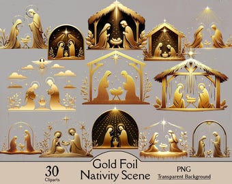 Nativity scene clipart, Holy Bible story, Gold foil Mary and joseph, Baby Jesus, Christmas winter holidays, digital download, commercial use