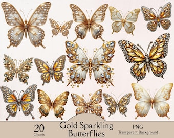 Gold sparkling butterfly, glitter butterfly, 20 PNG cliparts, card making, sublimation design butterfly clipart, decor embellishment clipart