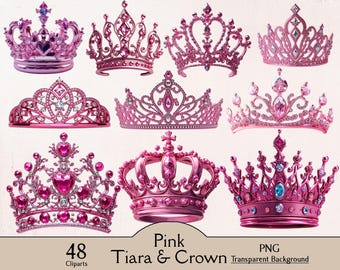 Pink tiara and crown clipart, princess tiara, 48 PNG clparts, girly tiara illustration, sparkling pink crown, royal pink crown, luxury tiara