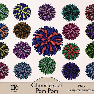 Pompon de pom-pom girl, 116 cliparts PNG, lot de pompons, ensemble de cliparts pompons, pompons scintillants, clipart de pom-pom girl, submation d'équipe, cheer PNG