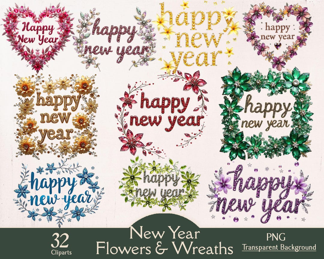 Happy New Year Flowers and Wreaths Clipart Bundle, 32 PNG Cliparts ...
