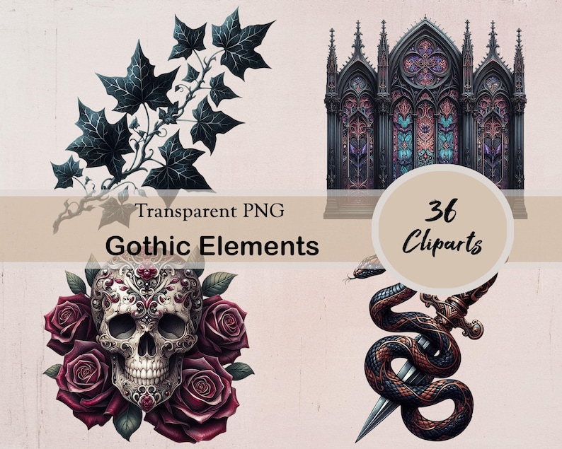 Gothic Elements Clipart Bundle, 36 Dark Gothic PNG Cliparts, Black ...