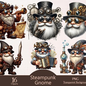 May include: A set of 16 digital clipart images featuring steampunk gnomes with various accessories and tools. The gnomes are depicted in different poses and expressions, with a transparent background.