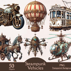 Steampunk vehicles, 50 PNG cliparts, watercolor steampunk cars, steampunk collection, steampunk victorian, mechanical, vintage machinery art