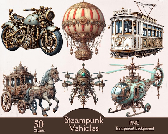 スチームパンクの乗り物、50個のPNGクリップアート、水彩画風スチーム