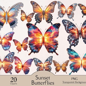 Borboleta do pôr do sol, borboleta brilhante, 20 clipart PNG, borboleta de folha metálica, criação de cartões, clipart de borboleta, decoração de enfeites de insetos clipart