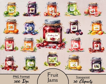 Fruit jams, 30 PNG cliparts, jar jams, clipart, breakfast, digital, download, printable, scrapbooking, junk journal, fruit, marmalade