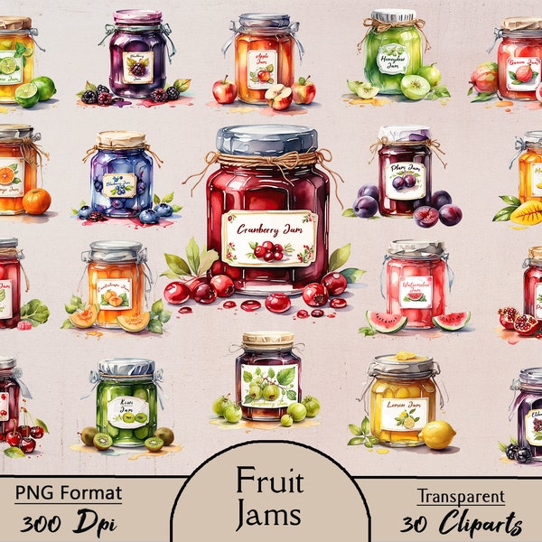 Fruit jams, 30 PNG cliparts, jar jams, clipart, breakfast, digital, download, printable, scrapbooking, junk journal, fruit, marmalade