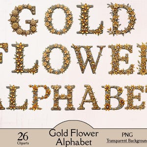 Gouden bloem sprankelend alfabet, 26 png-clipart, Alfabetletters, gouden letters, bloemenletters, sprankelende letters, gouden bloem clipart