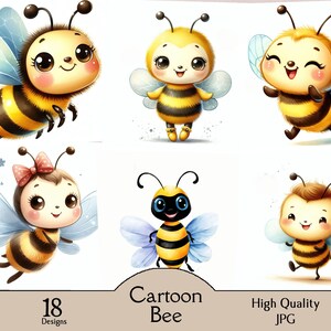 Cartoon Biene, 18 JPG Bilder, Clipart, digital, Download, printable, lächelnd, lustig, Kinderzimmer, fliegend, Papiermodelle, Aquarell, Junk Journal